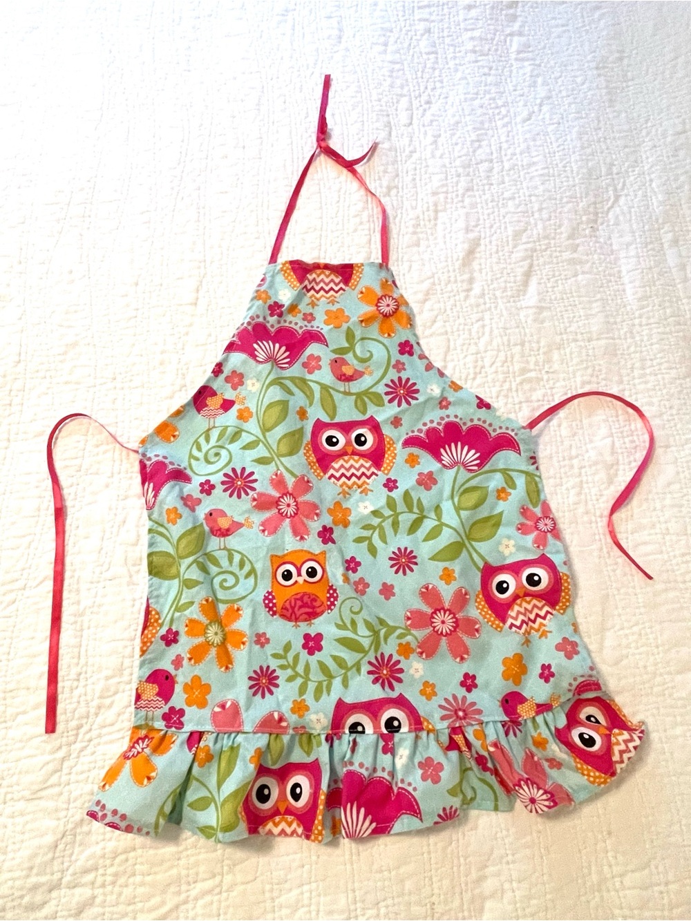 Kids Pink & Aqua Owl Print Apron - Child’s Kitchen Accessory - toddler